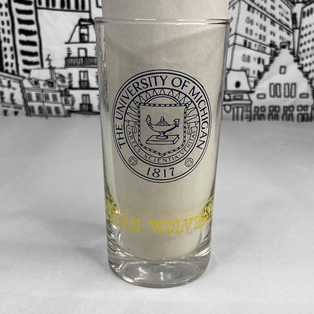 Vintage 1960s Michigan University Wolverines Drinking Glass Seal Tumbler 12 OZ